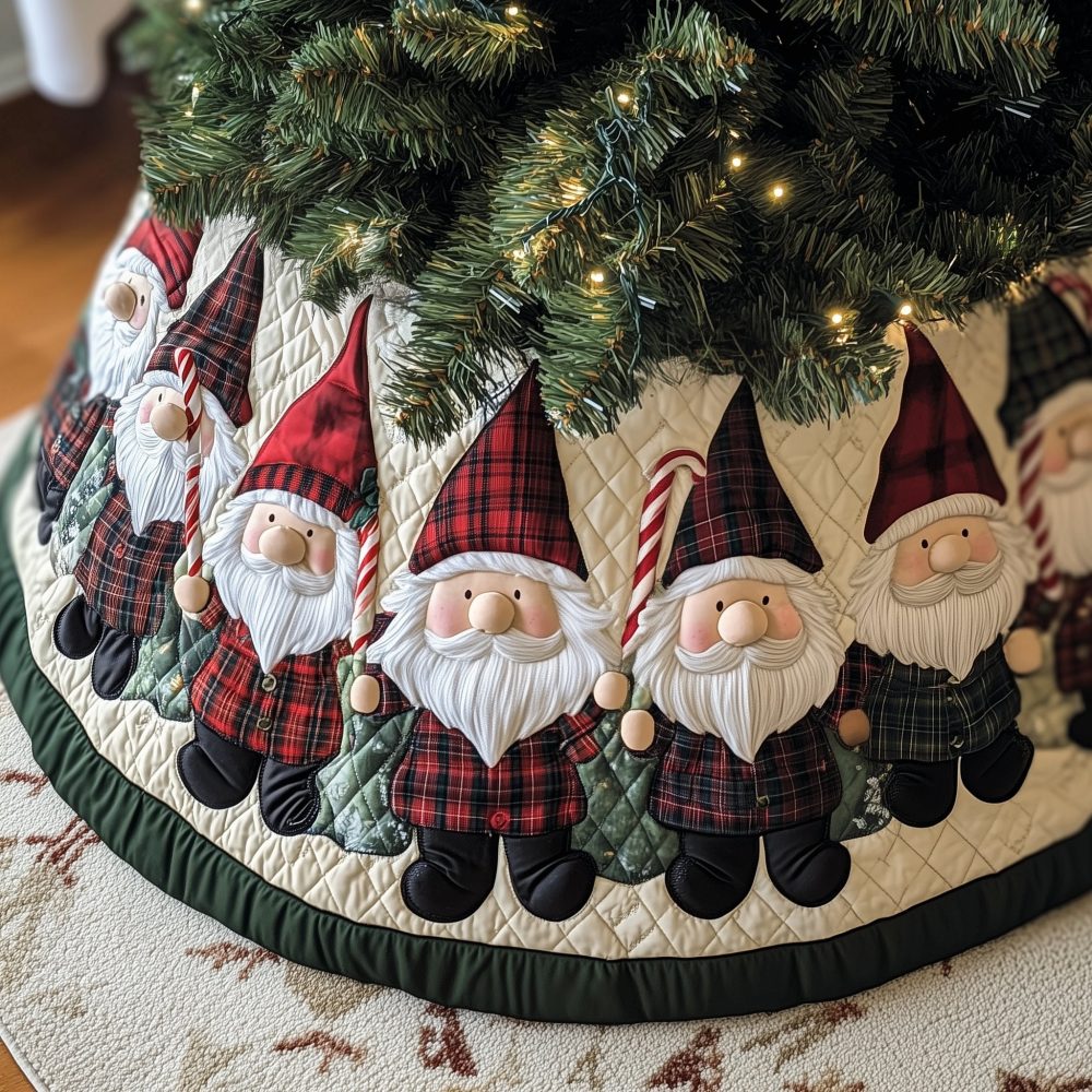 Tartan Gnome Parade Christmas Tree Skirt — Classic Plaid Handmade Holiday Skirt With Charming Gnome Parade, Custom Sizes