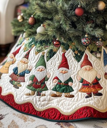 Gnome Walk On Winter White Holiday Tree Skirt — Elegant Handmade White Gnome Christmas Skirt, Custom Fit Options