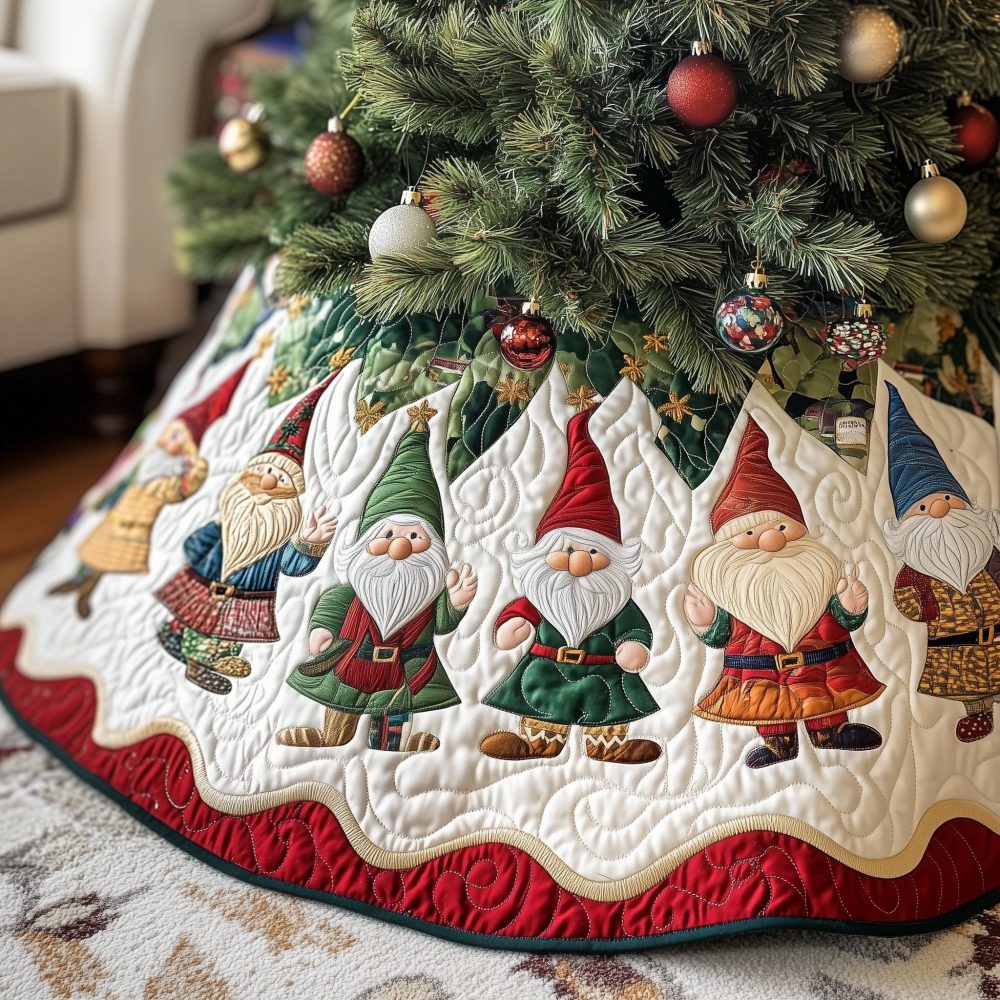 Gnome Walk On Winter White Holiday Tree Skirt — Elegant Handmade White Gnome Christmas Skirt, Custom Fit Options