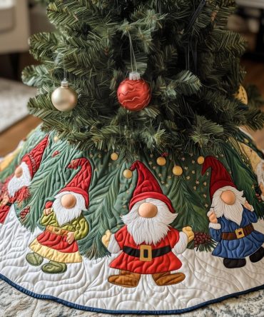 Gnomes Round The Green Tree Holiday Skirt — Handmade Festive Green Tree Skirt With Playful Gnome Pattern, Customizable
