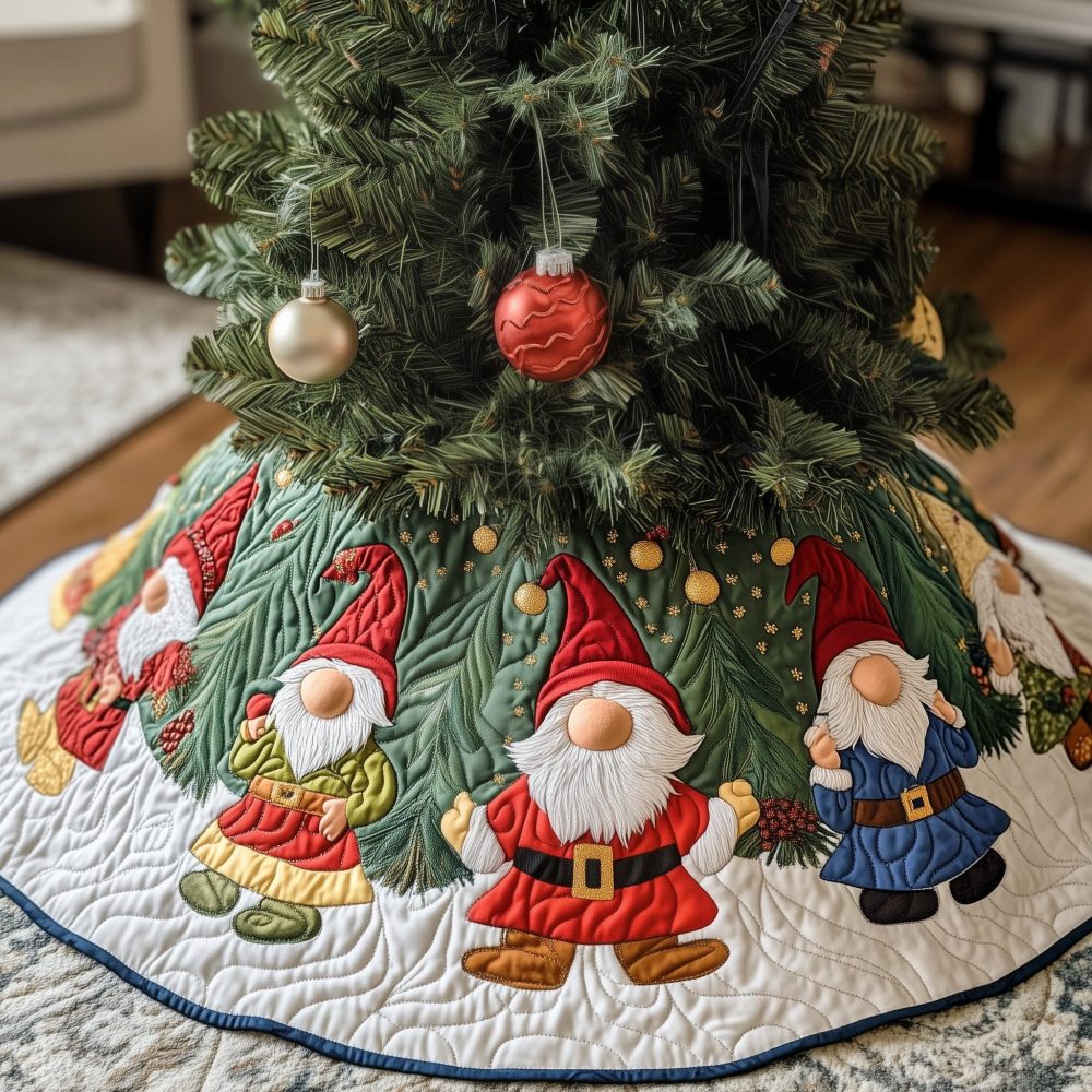 Gnomes Round The Green Tree Holiday Skirt — Handmade Festive Green Tree Skirt With Playful Gnome Pattern, Customizable