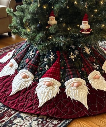 Gnome Line On Crimson Plaid Christmas Tree Skirt — Cozy Handmade Holiday Skirt With Festive Plaid & Whimsical Gnomes