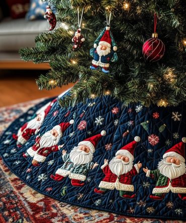 Santa Gnomes On Navy Snow Holiday Tree Skirt — Handmade Festive Gnome Tree Skirt, Custom Sizes For Unique Seasonal Decor