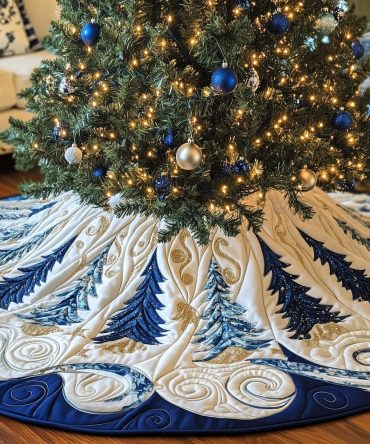 Indigo & Blue Scroll Tree Skirt - Handcrafted Indigo Holiday Skirt With Elegant Scroll Trees, Custom Sizes & Premium Materials