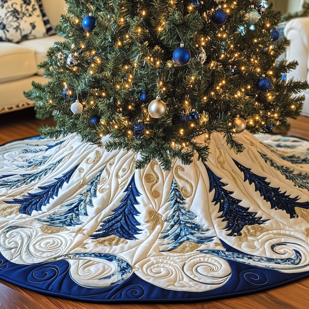 Indigo & Blue Scroll Tree Skirt - Handcrafted Indigo Holiday Skirt With Elegant Scroll Trees, Custom Sizes & Premium Materials