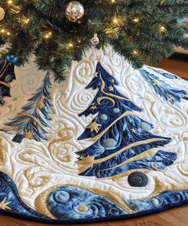 Midnight Tree & Gold Moon Holiday Skirt - Handcrafted Dark Blue Christmas Tree Skirt With Metallic Moon Accent, Custom Fit Options