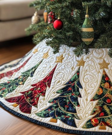 Festive Fan Tree Motif On White Tree Skirt - Handcrafted Holiday Accent Skirt, Bright White Backdrop & Custom Sizing Available