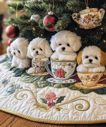 Floral Teacup Bichon Frise Christmas Tree Skirt — Cute Quilted Holiday Collar, Custom Pet-Themed Tree Décor For Dog Lovers