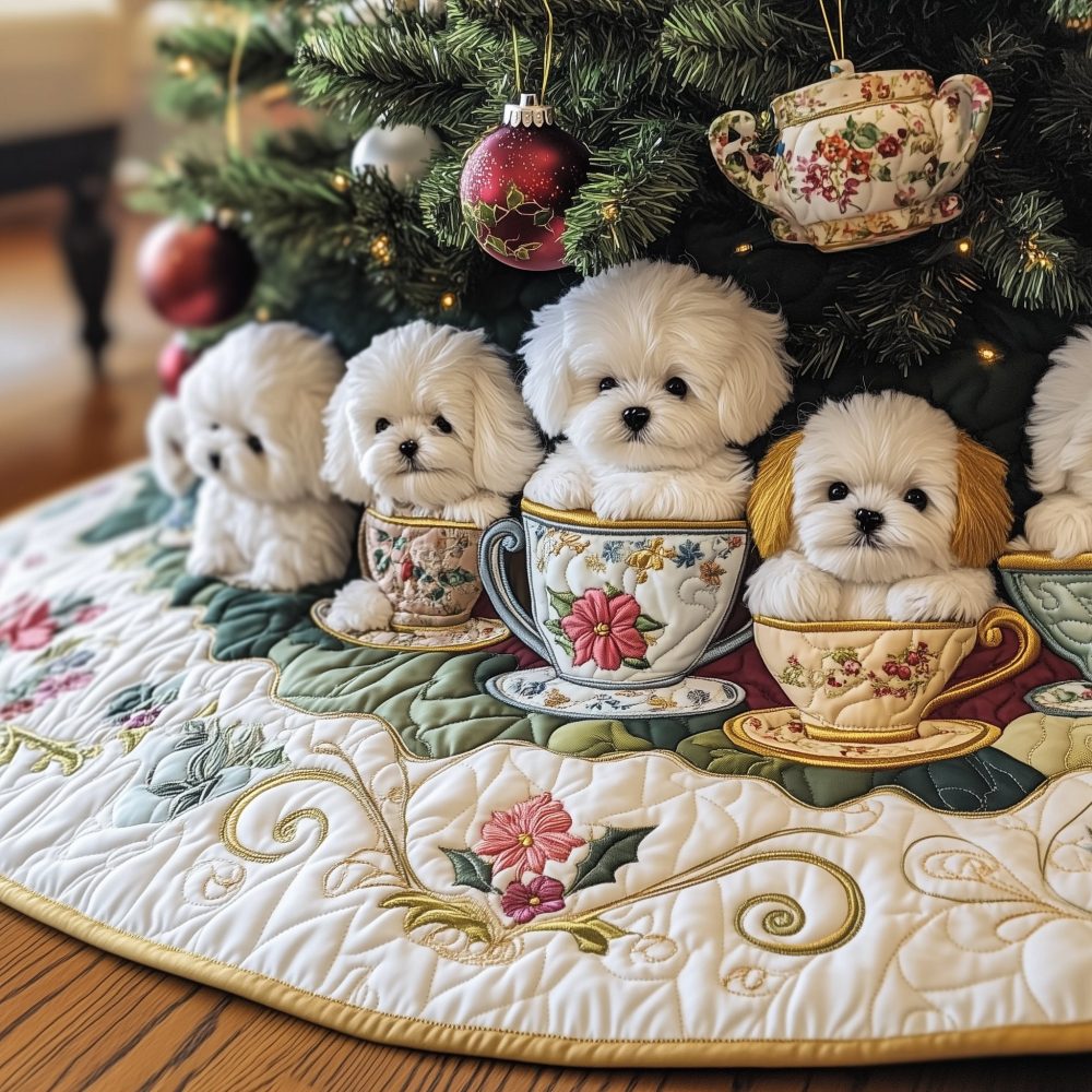 Floral Teacup Bichon Frise Christmas Tree Skirt — Cute Quilted Holiday Collar, Custom Pet-Themed Tree Décor For Dog Lovers
