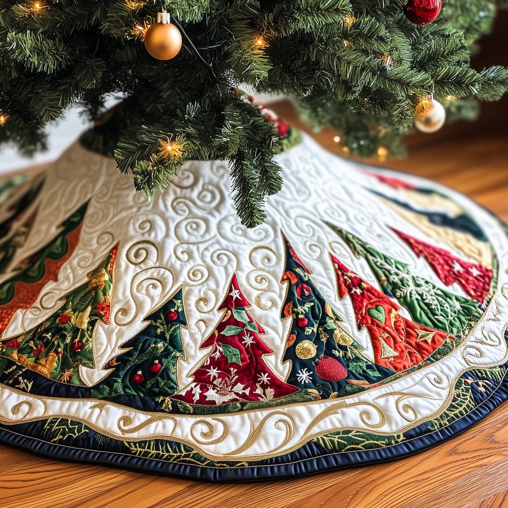 Harlequin Gold Wave Holiday Tree Skirt - Handcrafted Geometric Tree Skirt With Gold Accents, Custom Fit For Elegant Christmas Decor
