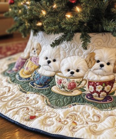 Hand-Painted Cup Bichon Puppy Christmas Tree Skirt — Artisan Quilted Holiday Collar, Custom Pet Lover Decorative Tree Mat