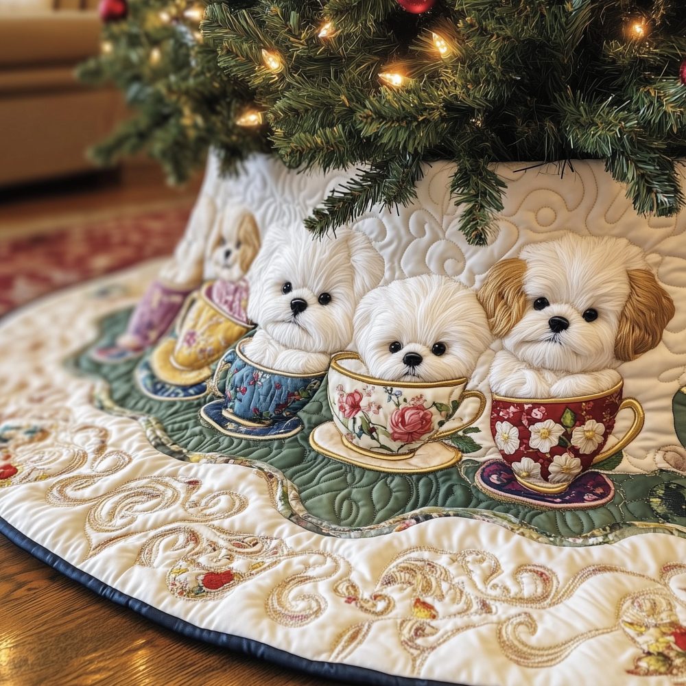 Hand-Painted Cup Bichon Puppy Christmas Tree Skirt — Artisan Quilted Holiday Collar, Custom Pet Lover Decorative Tree Mat