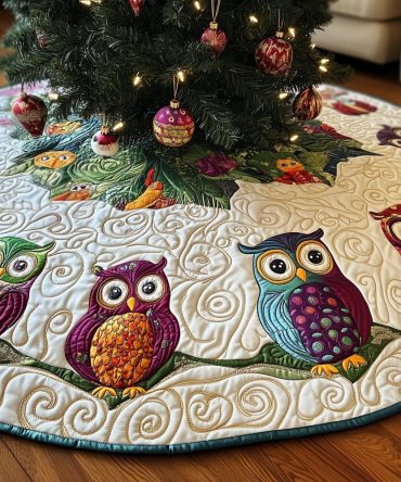 Jewel-Tone Owls Snow Ring Christmas Tree Skirt – Sparkling Owl Motif, Luxury Made-To-Order Holiday Skirt For Elegant Seasonal Display