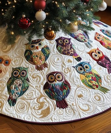 Paisley Owl Parliament Holiday Tree Skirt – Whimsical Paisley Owl Design, Handmade & Made-To-Order Christmas Skirt For Unique Seasonal Flair