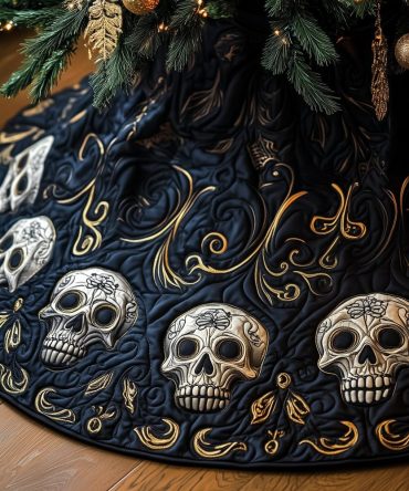 Black & Gold Swirl Skull Tree Skirt — Custom Quilted Gothic Christmas Collar, Eye-Catching Holiday Décor