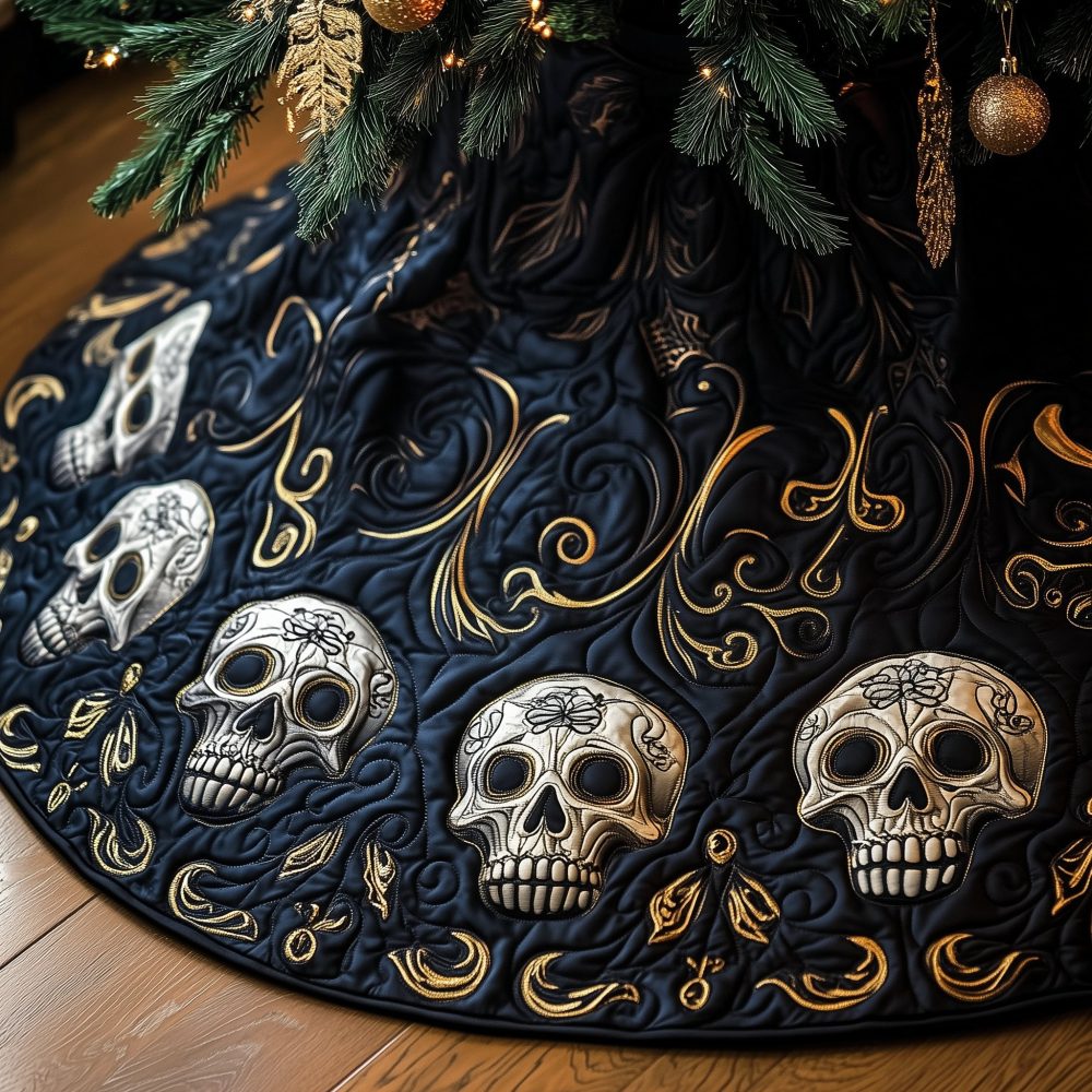 Black & Gold Swirl Skull Tree Skirt — Custom Quilted Gothic Christmas Collar, Eye-Catching Holiday Décor