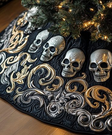 Silver Scrollwork Skull Christmas Tree Skirt — Premium Quilted Gothic Tree Collar, Custom-Made Dark Holiday Accent