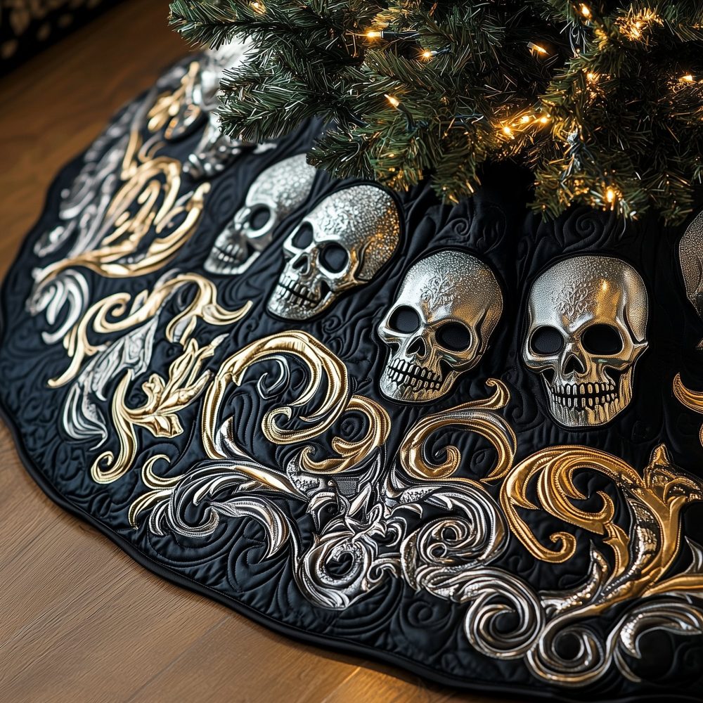 Silver Scrollwork Skull Christmas Tree Skirt — Premium Quilted Gothic Tree Collar, Custom-Made Dark Holiday Accent