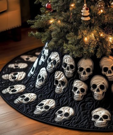 Black Tree Skirt With White Skull Scatter — Modern Gothic Quilted Christmas Collar, Custom Dark Holiday Accent