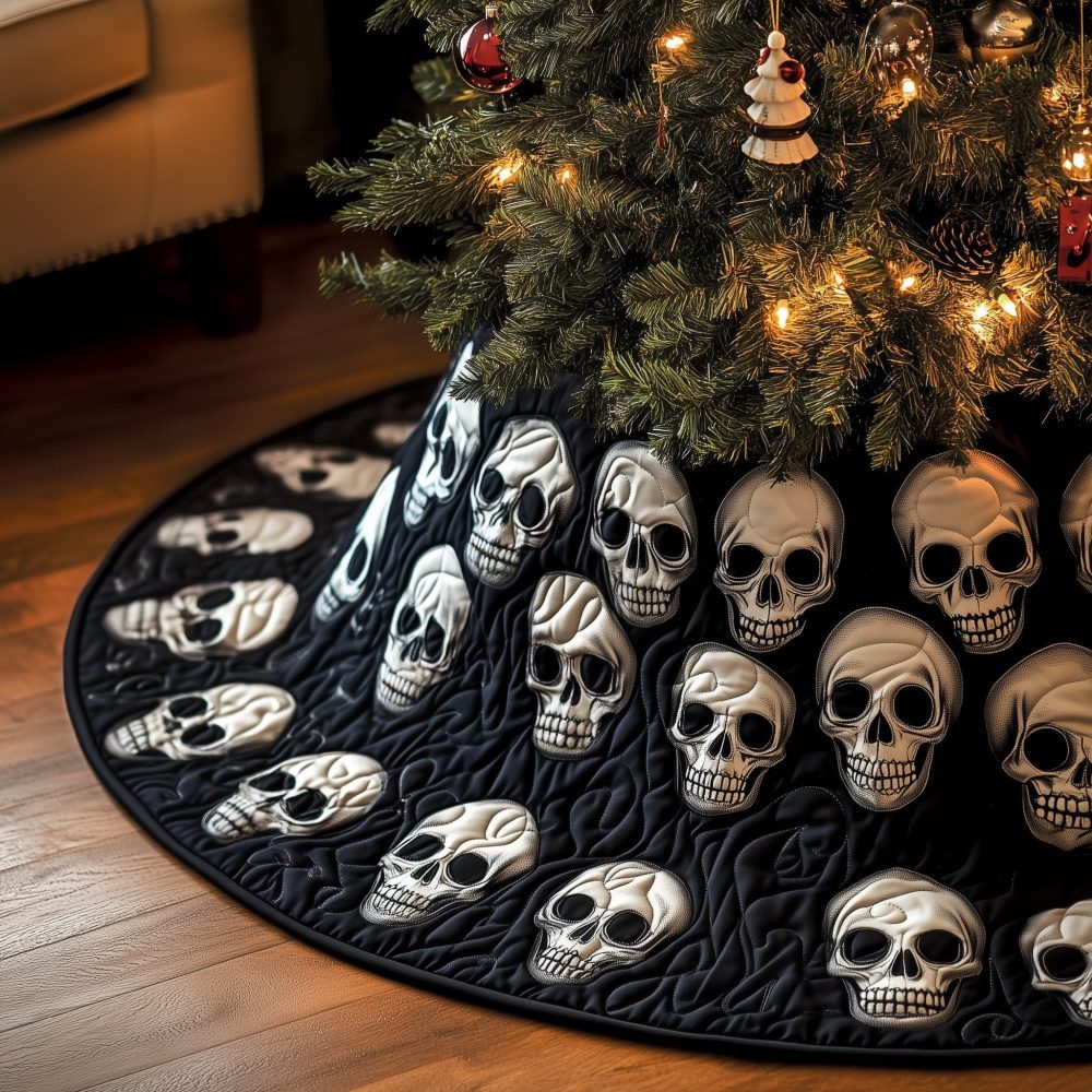 Black Tree Skirt With White Skull Scatter — Modern Gothic Quilted Christmas Collar, Custom Dark Holiday Accent