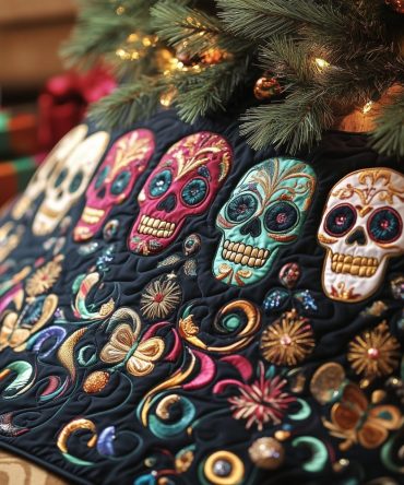 Edgy Festive Skull Tree Skirt - Handcrafted Gothic Christmas Tree Skirt With Skull Motif, Custom Personalization Available