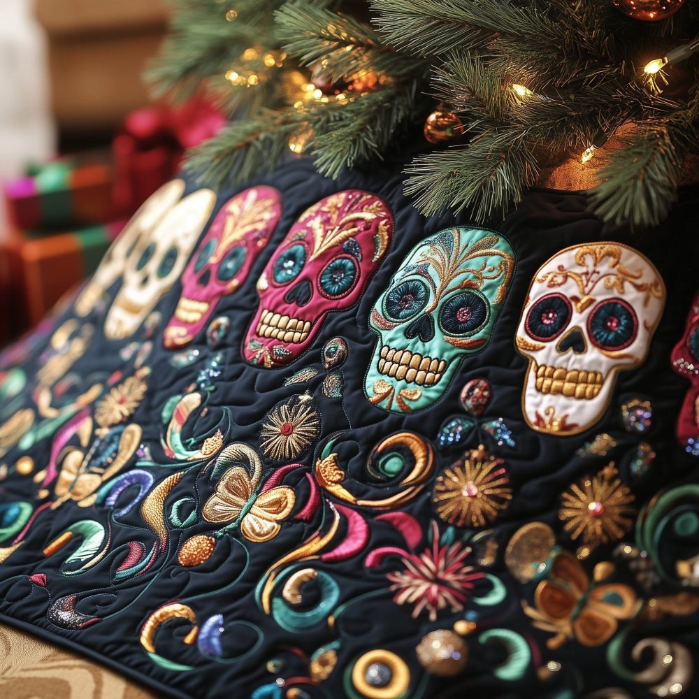Edgy Festive Skull Tree Skirt - Handcrafted Gothic Christmas Tree Skirt With Skull Motif, Custom Personalization Available