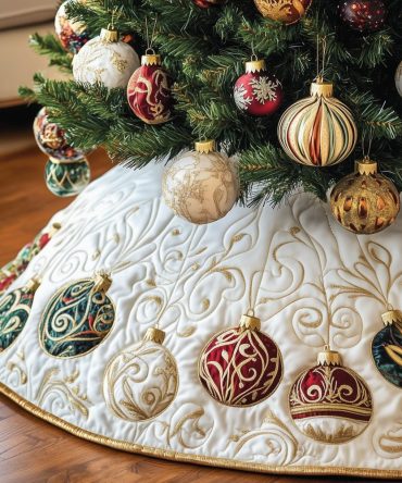 Cream Swirl Gilded Baubles Christmas Tree Skirt - Gold-Accented Elegant Holiday Base Cover, Custom Sizes, Premium Materials, Perfect Seasonal Gift