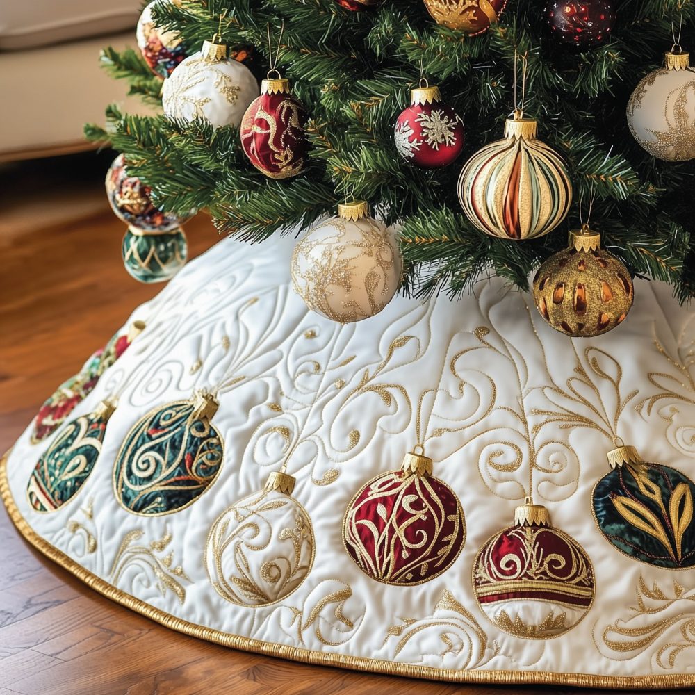Cream Swirl Gilded Baubles Christmas Tree Skirt - Gold-Accented Elegant Holiday Base Cover, Custom Sizes, Premium Materials, Perfect Seasonal Gift