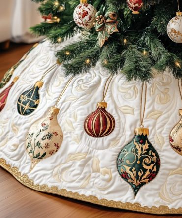 Ivory Hanging Ornaments Christmas Tree Skirt - Classic Neutral Holiday Base Cover, Embroidered Details, Custom Sizing, Luxury Gift & Home Accent