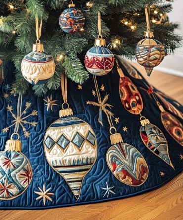 Navy Snowflake Patch Baubles Christmas Tree Skirt - Modern Ornament Patchwork, Machine Washable, Custom Sizes, Durable Festive Base Cover