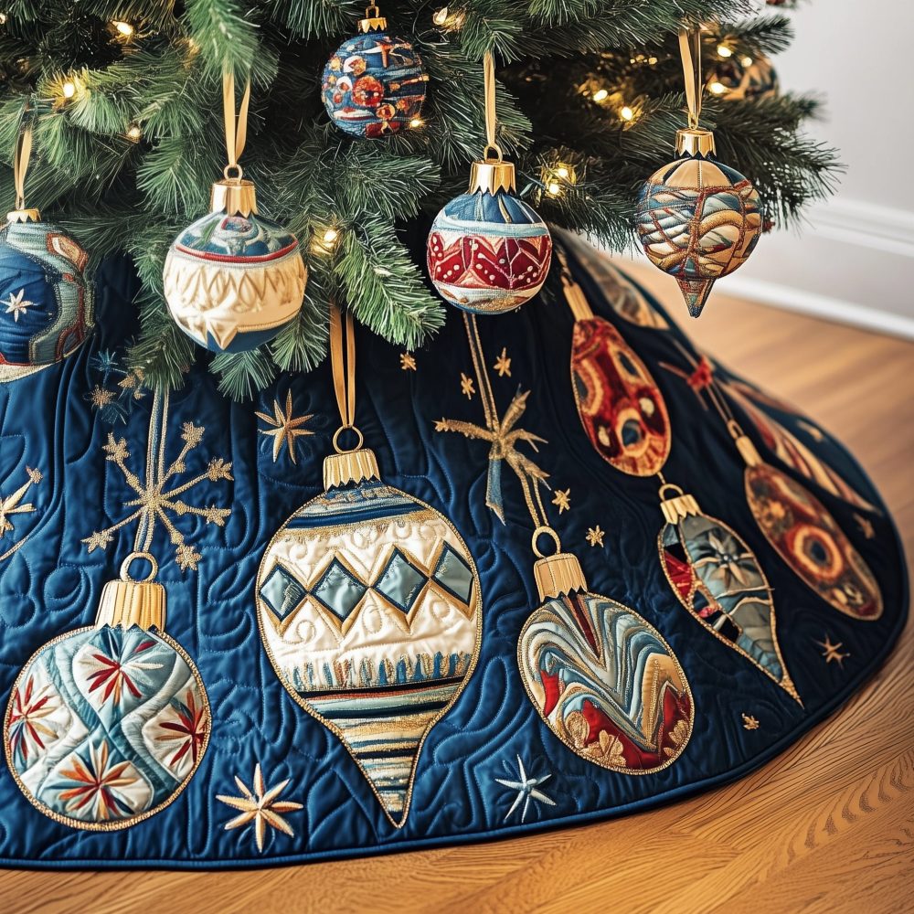 Navy Snowflake Patch Baubles Christmas Tree Skirt - Modern Ornament Patchwork, Machine Washable, Custom Sizes, Durable Festive Base Cover