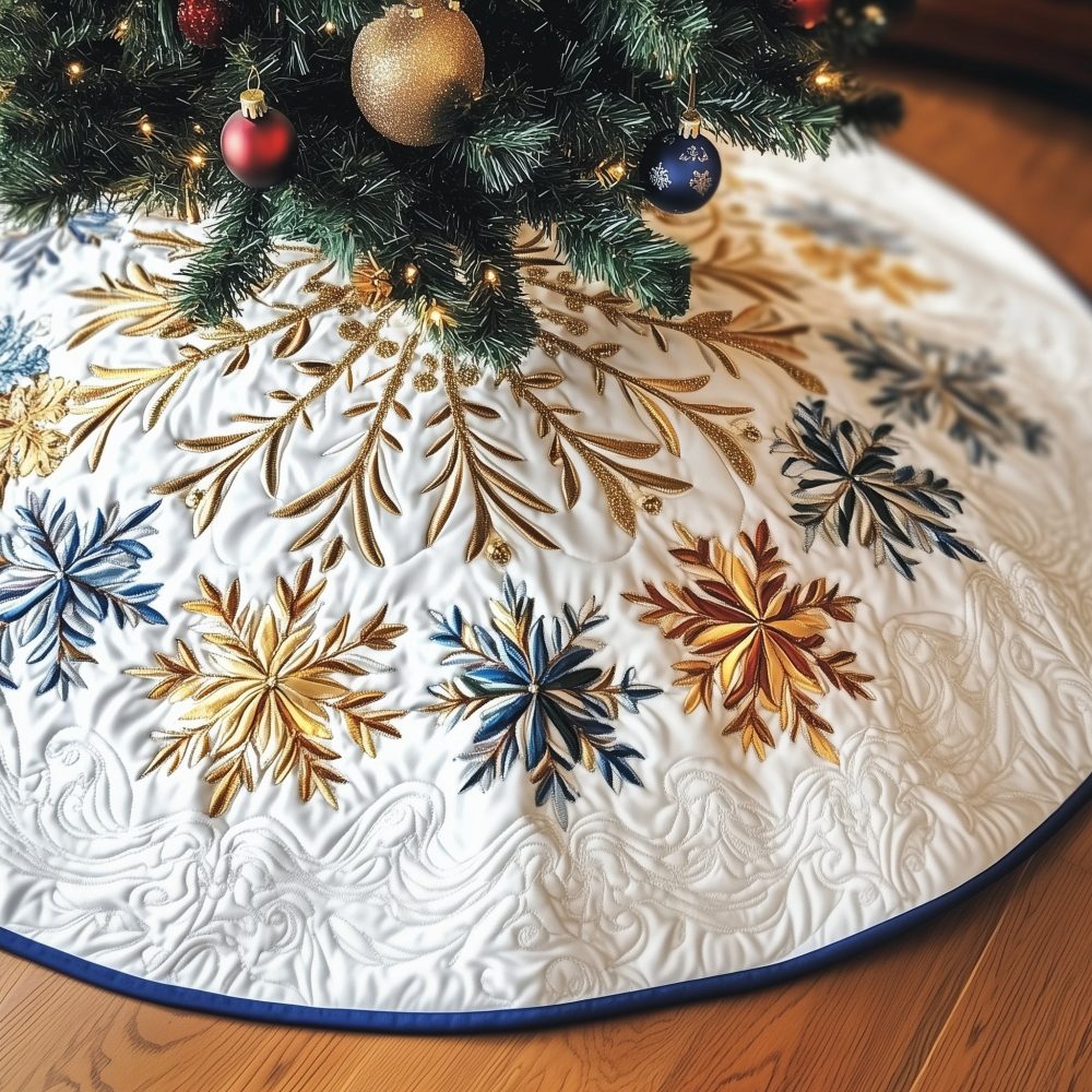 White Tree Skirt With Gold & Blue Snowflakes — Elegant Quilted Christmas Collar, Made-To-Order Holiday Centerpiece