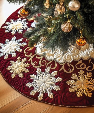 Burgundy & Gold Snowflake Christmas Tree Skirt — Custom Quilted Holiday Tree Collar, Premium Made-To-Order Décor