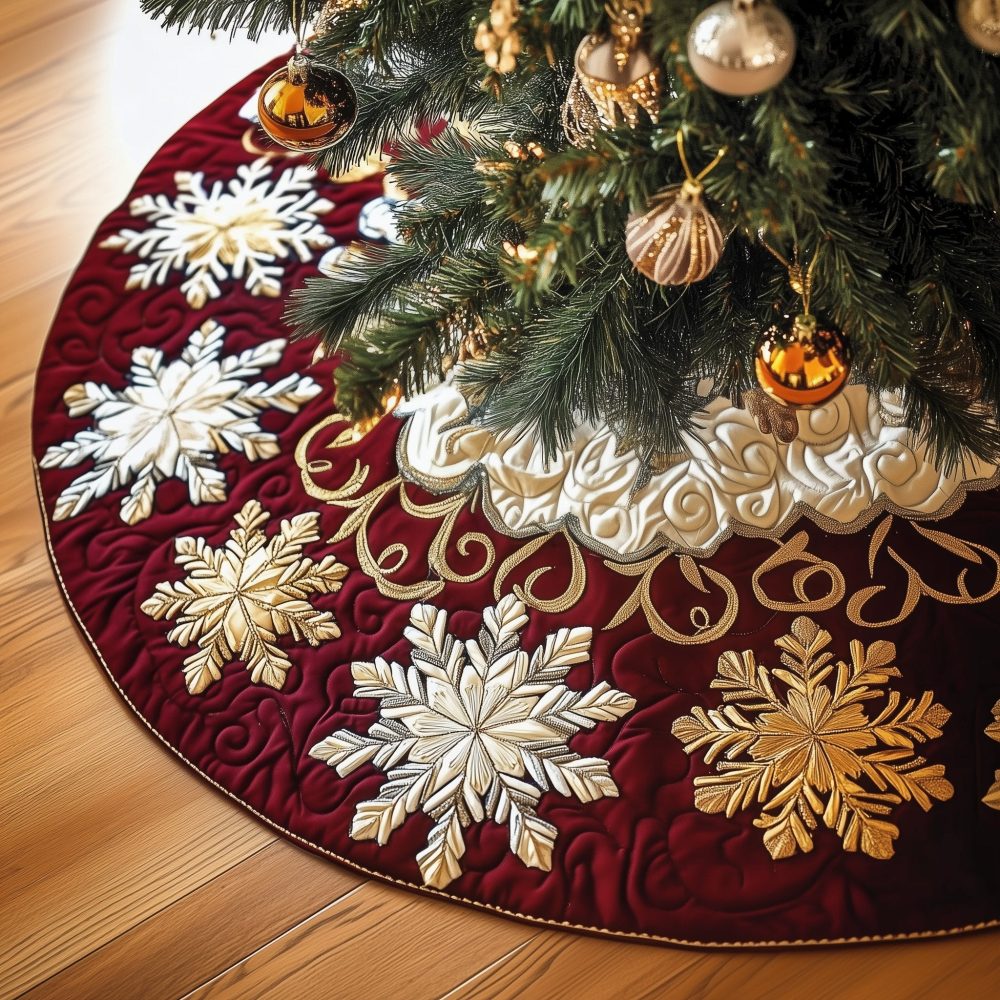 Burgundy & Gold Snowflake Christmas Tree Skirt — Custom Quilted Holiday Tree Collar, Premium Made-To-Order Décor