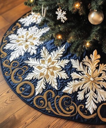 Navy Snowflake Tree Skirt With Gold Scrolls — Luxury Quilted Christmas Tree Collar, Custom Holiday Décor