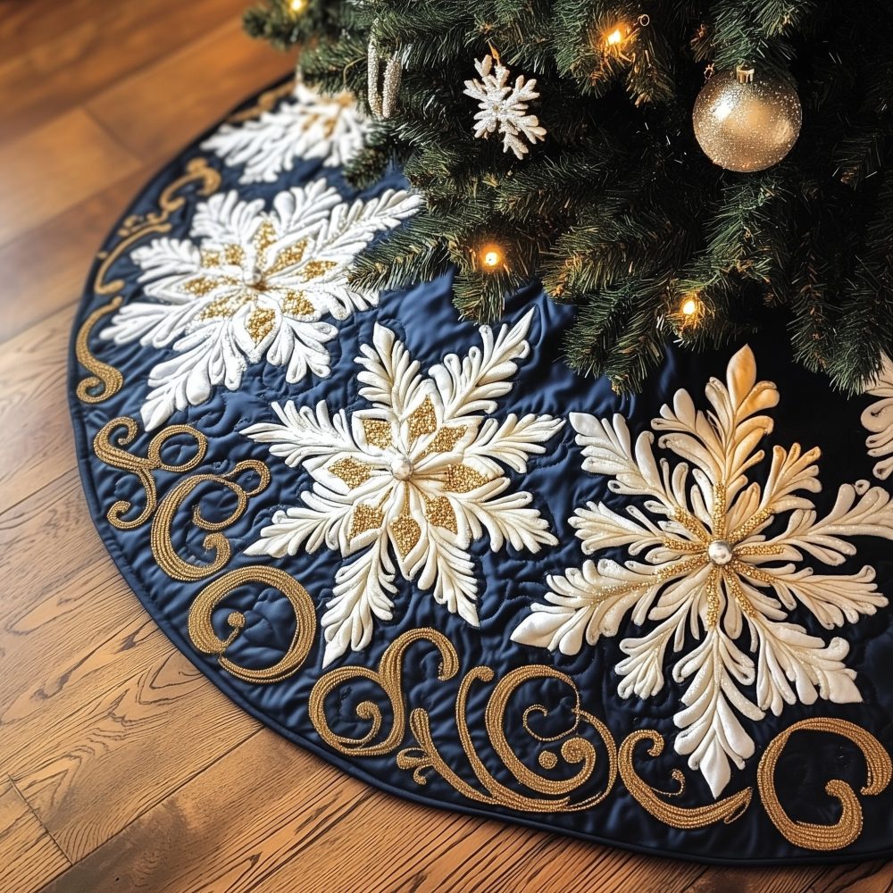 Navy Snowflake Tree Skirt With Gold Scrolls — Luxury Quilted Christmas Tree Collar, Custom Holiday Décor