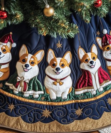 Navy Corgi Christmas Tree Skirt With Winter Coat Pattern — Custom Pet Lover Tree Collar, Quilted Holiday Accent