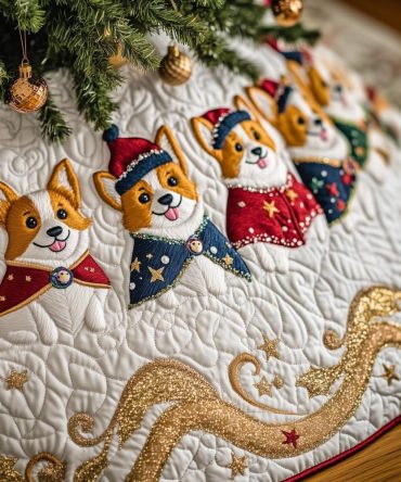 Cream Tree Skirt With Corgis In Patterned Scarves - Handmade Custom Holiday Décor, Cozy Neutral Christmas Accent