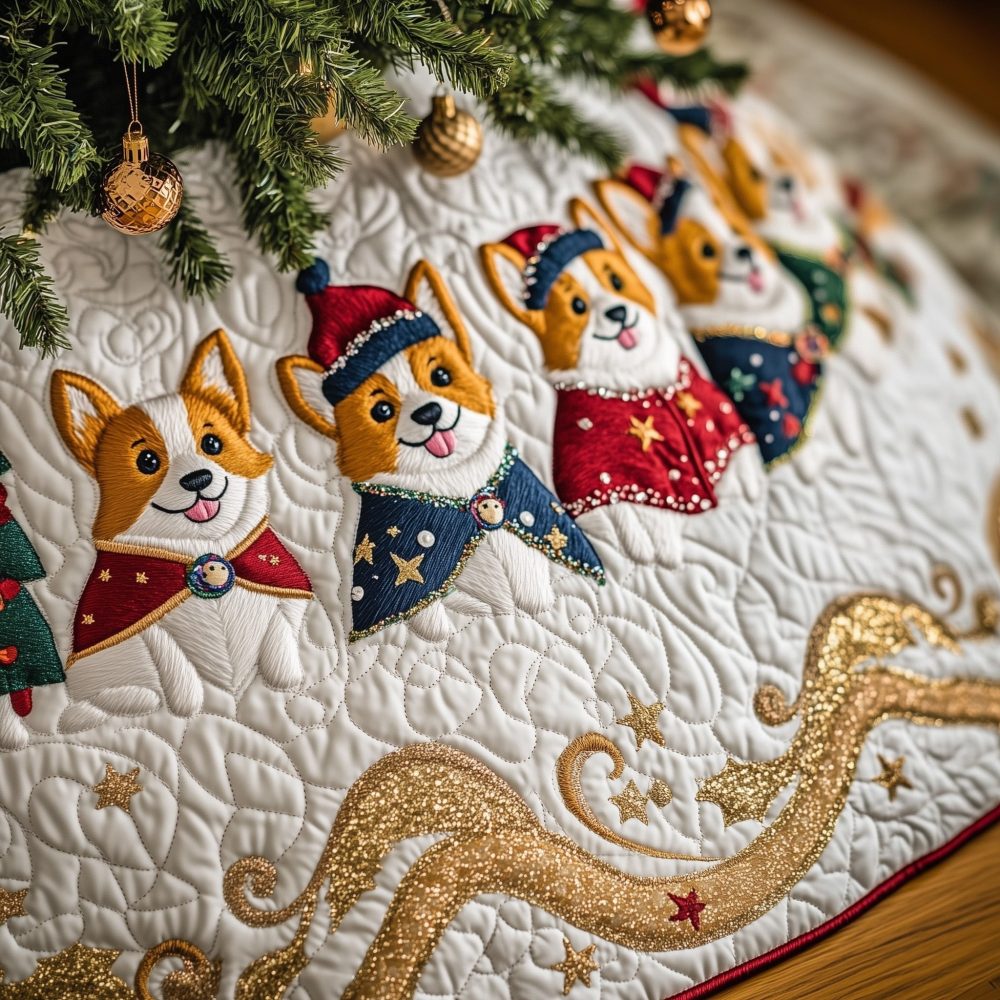 Cream Tree Skirt With Corgis In Patterned Scarves - Handmade Custom Holiday Décor, Cozy Neutral Christmas Accent
