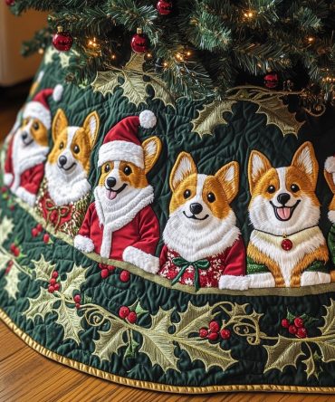 Corgis In Santa Suits With Holly Holiday Tree Skirt - Custom Made, Handcrafted Christmas Décor For Pet Lovers