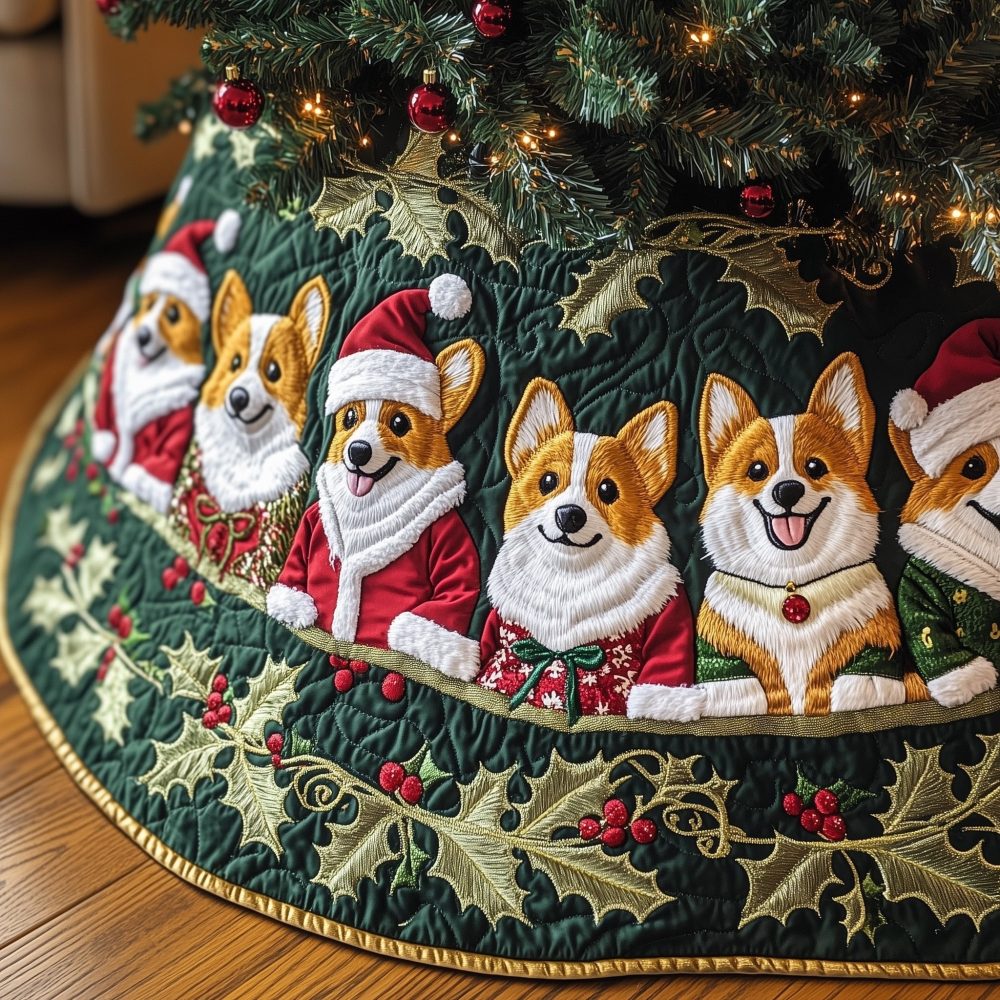 Corgis In Santa Suits With Holly Holiday Tree Skirt - Custom Made, Handcrafted Christmas Décor For Pet Lovers
