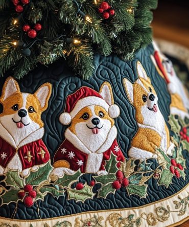Teal Christmas Tree Skirt With Corgis In Santa Hats - Custom Handmade Holiday Decor, Perfect For Corgi Lovers