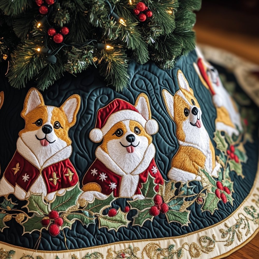 Teal Christmas Tree Skirt With Corgis In Santa Hats - Custom Handmade Holiday Decor, Perfect For Corgi Lovers