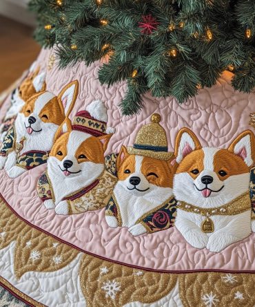 Blush Pink Quilted Christmas Tree Skirt With Corgis - Custom Handmade Holiday Accent For Charming Home Décor