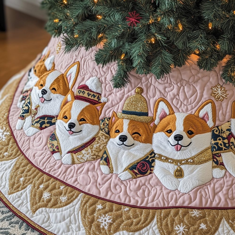 Blush Pink Quilted Christmas Tree Skirt With Corgis - Custom Handmade Holiday Accent For Charming Home Décor