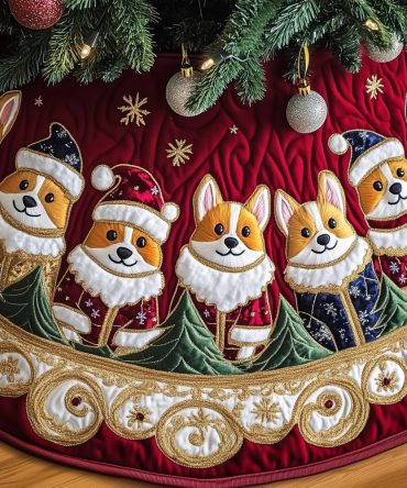 Gold Band Holiday Tree Skirt With Corgis In Santa Hats - Custom Christmas Décor, Handcrafted And Made To Order