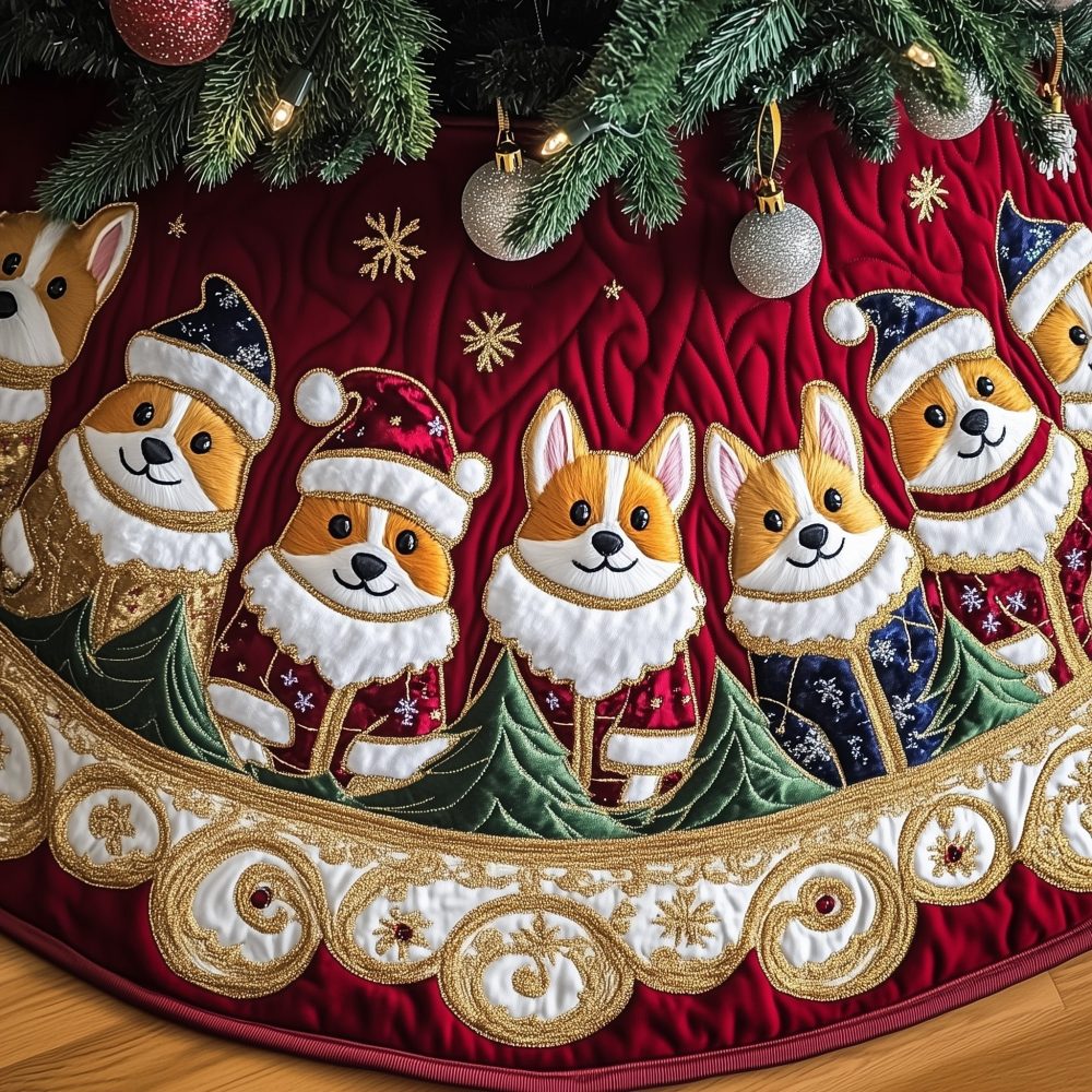 Gold Band Holiday Tree Skirt With Corgis In Santa Hats - Custom Christmas Décor, Handcrafted And Made To Order