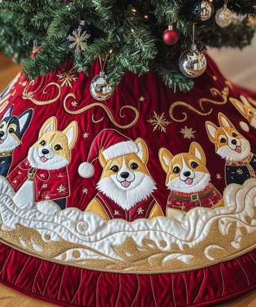 Red Tree Skirt With Corgis And Gold Swirls - Custom Made Holiday Décor, Handcrafted For A Luxurious Finish