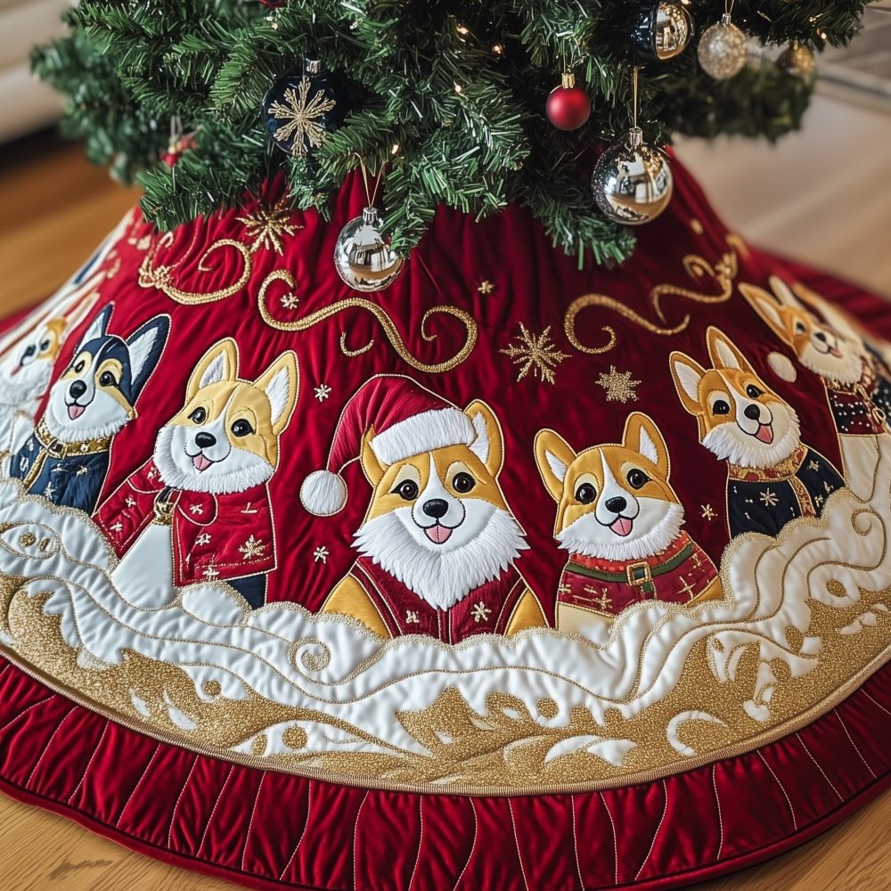 Red Tree Skirt With Corgis And Gold Swirls - Custom Made Holiday Décor, Handcrafted For A Luxurious Finish