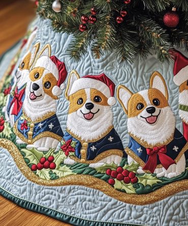 Blue Holly Christmas Tree Skirt With Corgis In Santa Hats - Custom Handmade Holiday Decor, Made To Order